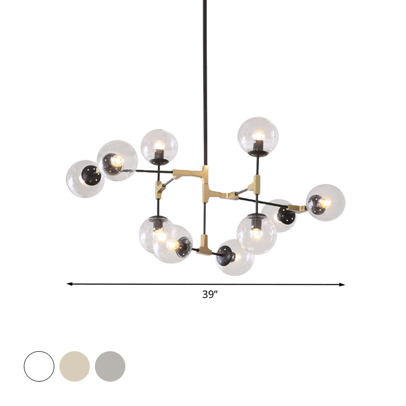 Simple Style Line Chandelier 6/8/10-Head Metal Hanging Light with Amber/Clear/Smoke Glass Ball Shade for Study Room Clearhalo 'Ceiling Lights' 'Chandeliers' 'Clear' 'Glass shade' 'Glass' 'Industrial' 'Modern Chandeliers' 'Modern' 'Tiffany' 'Traditional Chandeliers' Lighting' 1523069