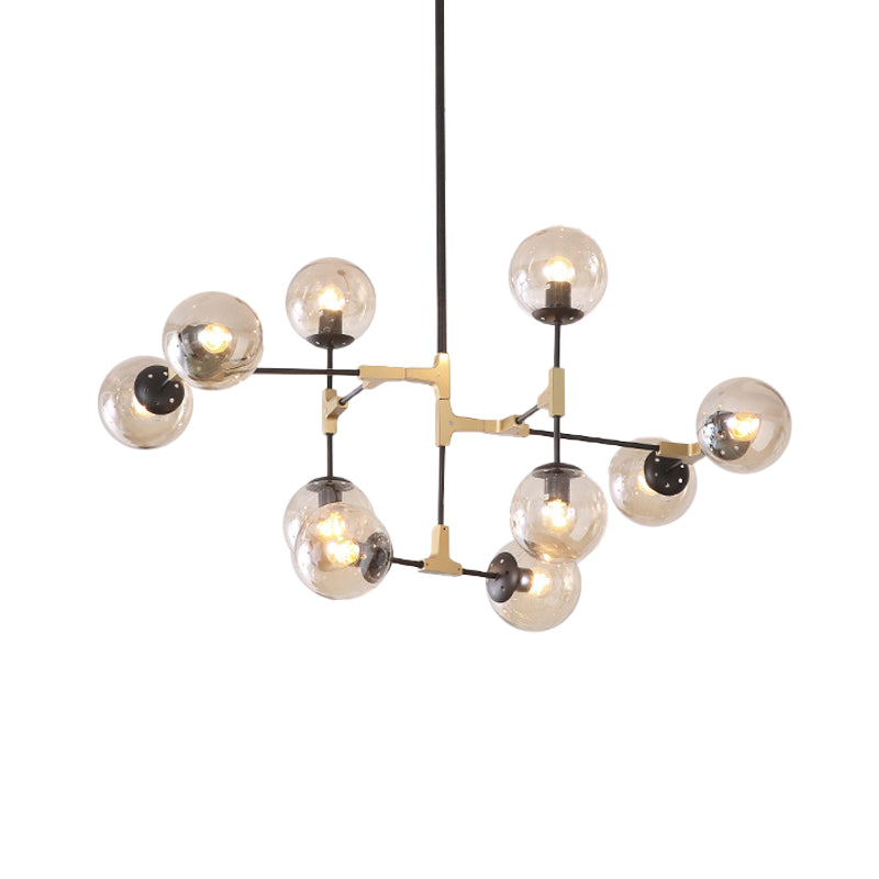 Simple Style Line Chandelier 6/8/10-Head Metal Hanging Light with Amber/Clear/Smoke Glass Ball Shade for Study Room Clearhalo 'Ceiling Lights' 'Chandeliers' 'Clear' 'Glass shade' 'Glass' 'Industrial' 'Modern Chandeliers' 'Modern' 'Tiffany' 'Traditional Chandeliers' Lighting' 1523072