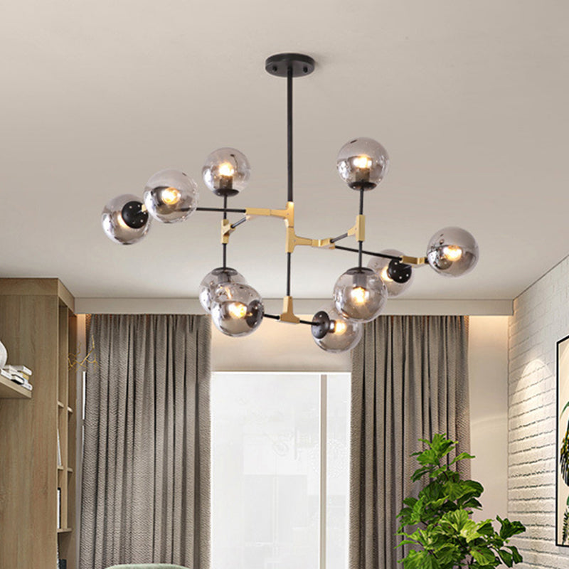 Simple Style Line Chandelier 6/8/10-Head Metal Hanging Light with Amber/Clear/Smoke Glass Ball Shade for Study Room Clearhalo 'Ceiling Lights' 'Chandeliers' 'Clear' 'Glass shade' 'Glass' 'Industrial' 'Modern Chandeliers' 'Modern' 'Tiffany' 'Traditional Chandeliers' Lighting' 1523074