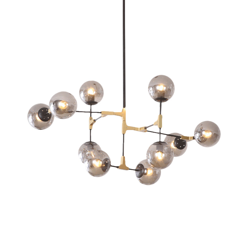 Simple Style Line Chandelier 6/8/10-Head Metal Hanging Light with Amber/Clear/Smoke Glass Ball Shade for Study Room Clearhalo 'Ceiling Lights' 'Chandeliers' 'Clear' 'Glass shade' 'Glass' 'Industrial' 'Modern Chandeliers' 'Modern' 'Tiffany' 'Traditional Chandeliers' Lighting' 1523075