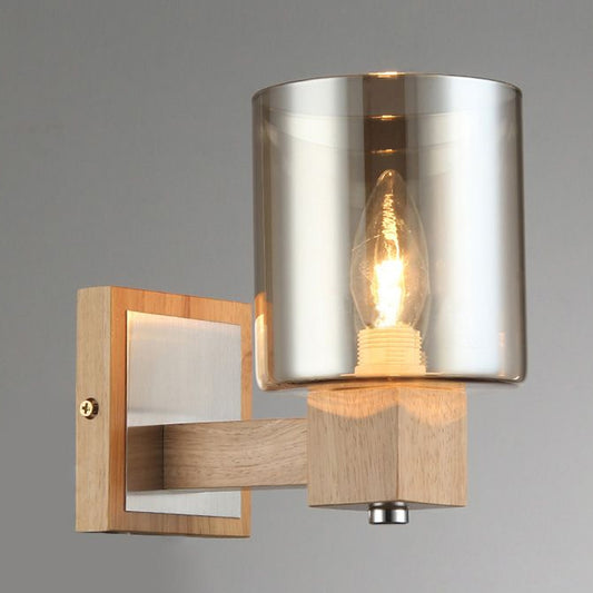 Vintage 1 Light Wall Mount Lamp with Smoke Glass Shade Natural Wood Cylindrical Sconce Light Fixture Clearhalo 'Cast Iron' 'Glass' 'Industrial' 'Modern wall lights' 'Modern' 'Tiffany' 'Traditional wall lights' 'Wall Lamps & Sconces' 'Wall Lights' Lighting' 1523325