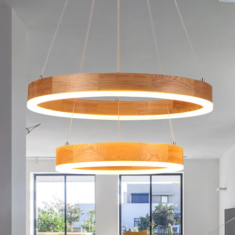 Wood Ring LED Chandelier Light Modern 1/2/3-Light Beige Drop Pendant Fixture for Dining Room Clearhalo 'Ceiling Lights' 'Chandeliers' Lighting' options 1523367