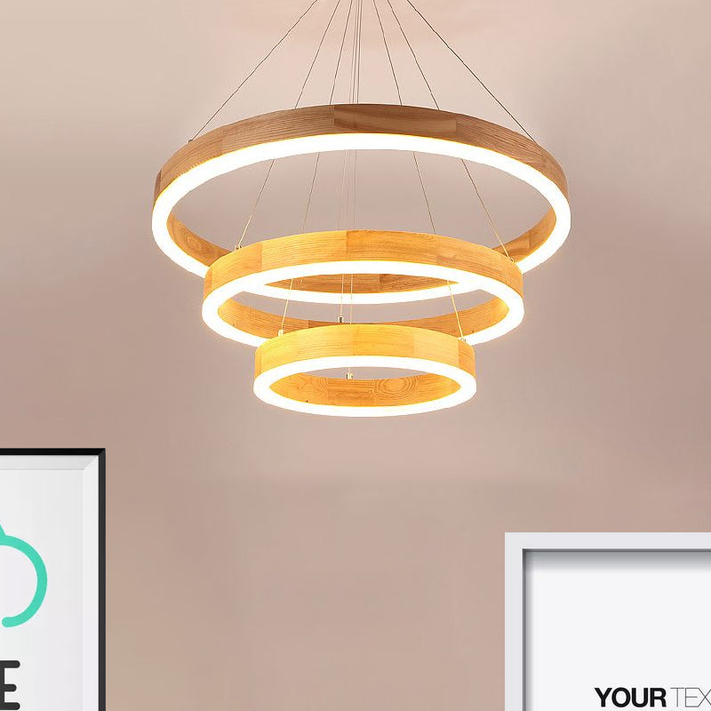 Wood Ring LED Chandelier Light Modern 1/2/3-Light Beige Drop Pendant Fixture for Dining Room Clearhalo 'Ceiling Lights' 'Chandeliers' Lighting' options 1523368