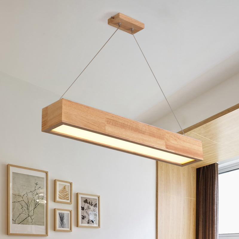 Beige Linear LED Pendant Light Modern 1-Head Wood Hanging Ceiling Lamp in Warm/White Light, 23.5"/35.5"/47" Wide Clearhalo 'Ceiling Lights' 'Pendant Lights' 'Pendants' Lighting' 1523371