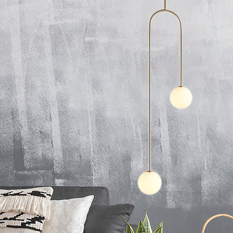 Black/Gold Ball Cluster Pendant Post-Modernist 2 Lights White Glass Led Ceiling Light Fixture with Bend Rod Clearhalo 'Ceiling Lights' 'Chandeliers' 'Glass shade' 'Glass' 'Modern Pendants' 'Modern' 'Pendant Lights' 'Pendants' Lighting' 1523404