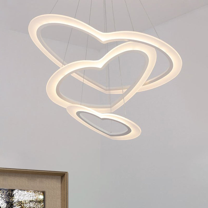 Heart-Shaped Chandelier Light Simple Acrylic LED 1/2/3-Head Living Room Ceiling Drop Pendant in Warm/White Light Clearhalo 'Ceiling Lights' 'Chandeliers' 'Modern Chandeliers' 'Modern' Lighting' 1523543