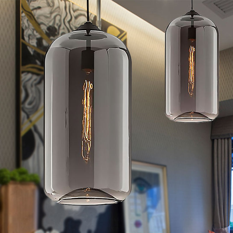 8" Wide Clear/Amber/Smoky Glass Cylindrical Pendant Light Contemporary 1 Light Black Hanging Lamp Fixture Smoke Gray 8" Clearhalo 'Ceiling Lights' 'Glass shade' 'Glass' 'Modern Pendants' 'Modern' 'Pendant Lights' 'Pendants' Lighting' 1523667