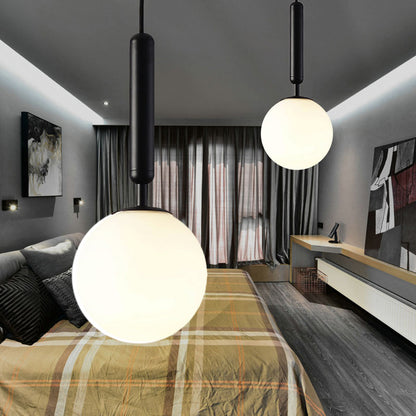 Spherical White Glass Suspension Pendant Modernist 1 Light 6"/8"/10" Wide Black/Gold Hanging Light Fixture Black Clearhalo 'Ceiling Lights' 'Glass shade' 'Glass' 'Island Lights' 'Modern Pendants' 'Modern' 'Pendant Lights' 'Pendants' Lighting' 1523693