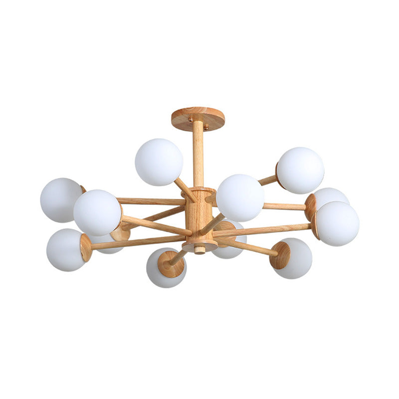 Starburst Chandelier Lighting Contemporary Wooden 6/8/12 Lights Hanging Ceiling Lamp Fixture with White Glass Ball Shade in Natural Wood Clearhalo 'Ceiling Lights' 'Chandeliers' 'Glass shade' 'Glass' 'Modern Chandeliers' 'Modern' Lighting' 152392