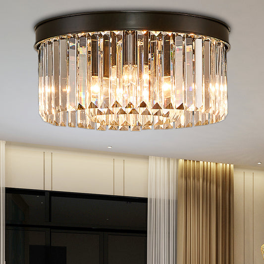 Vintage Circular Flush Mount Lighting Metal 4/6/8 Lights Ceiling Lamp with Clear Crystal Prism in Black 4 Black