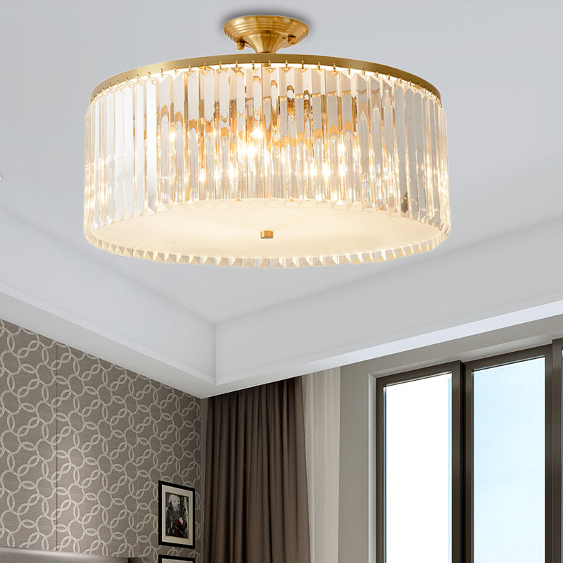 4/5/6 Bulbs Drum Semi Flush Ceiling Light Modern Clear Crystal Ceiling Lamp in Gold for Living Room Gold 21.5" Clearhalo 'Ceiling Lights' 'Close To Ceiling Lights' 'Close to ceiling' 'Semi-flushmount' Lighting' 152621