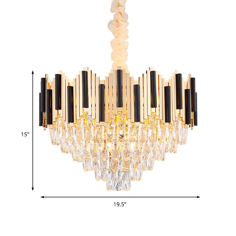 6/10 Heads Metal Hanging Pendant Light Contemporary Gold Multi Layer Ceiling Light with Clear Crystal Prism Clearhalo 'Ceiling Lights' 'Chandeliers' 'Modern Chandeliers' 'Modern' Lighting' 152645
