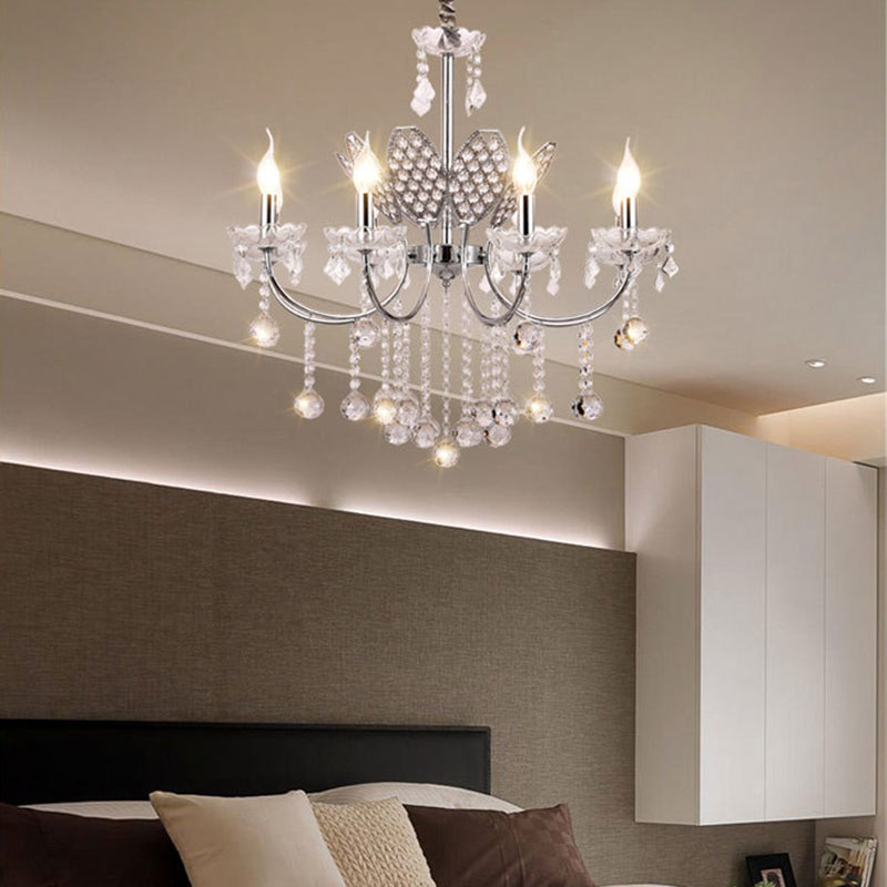 Silver Chandelier Lighting Fixture Vintage Metal 3/5-Head Ceiling Lamp with Candle and Crystal Ball Decoration 8 Silver Clearhalo 'Ceiling Lights' 'Chandeliers' 'Modern Chandeliers' 'Modern' Lighting' 152663