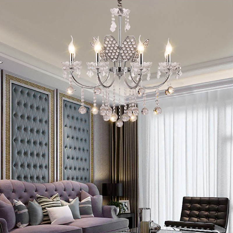 Silver Chandelier Lighting Fixture Vintage Metal 3/5-Head Ceiling Lamp with Candle and Crystal Ball Decoration Clearhalo 'Ceiling Lights' 'Chandeliers' 'Modern Chandeliers' 'Modern' Lighting' 152664