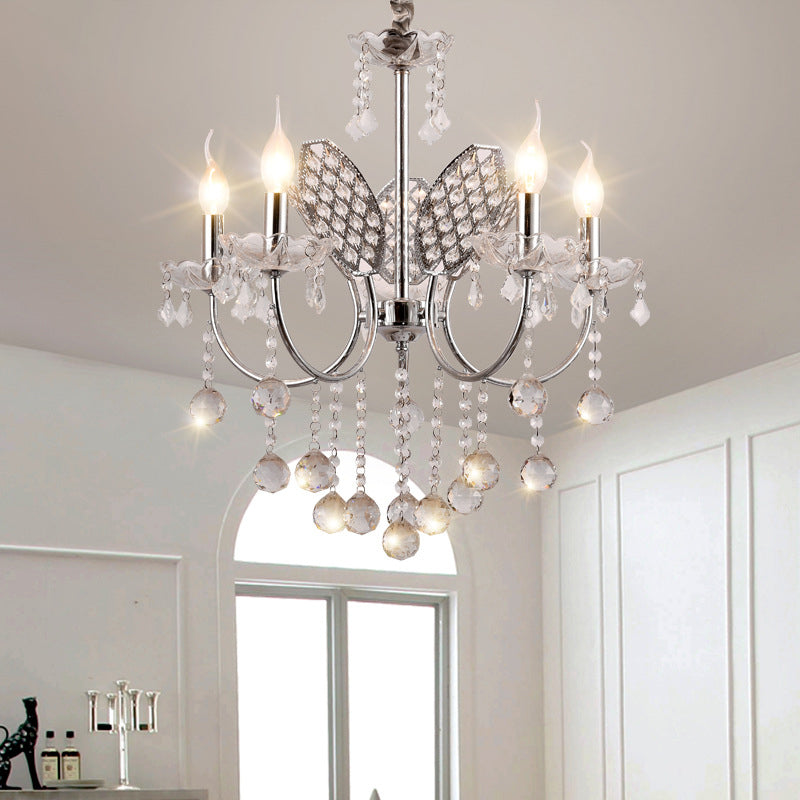 Silver Chandelier Lighting Fixture Vintage Metal 3/5-Head Ceiling Lamp with Candle and Crystal Ball Decoration 5 Silver Clearhalo 'Ceiling Lights' 'Chandeliers' 'Modern Chandeliers' 'Modern' Lighting' 152670