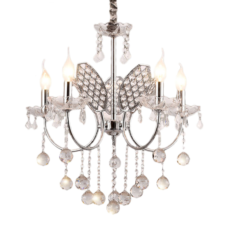 Silver Chandelier Lighting Fixture Vintage Metal 3/5-Head Ceiling Lamp with Candle and Crystal Ball Decoration Clearhalo 'Ceiling Lights' 'Chandeliers' 'Modern Chandeliers' 'Modern' Lighting' 152671