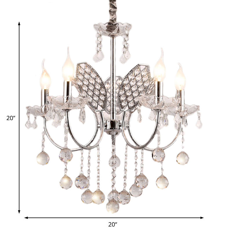 Silver Chandelier Lighting Fixture Vintage Metal 3/5-Head Ceiling Lamp with Candle and Crystal Ball Decoration Clearhalo 'Ceiling Lights' 'Chandeliers' 'Modern Chandeliers' 'Modern' Lighting' 152672