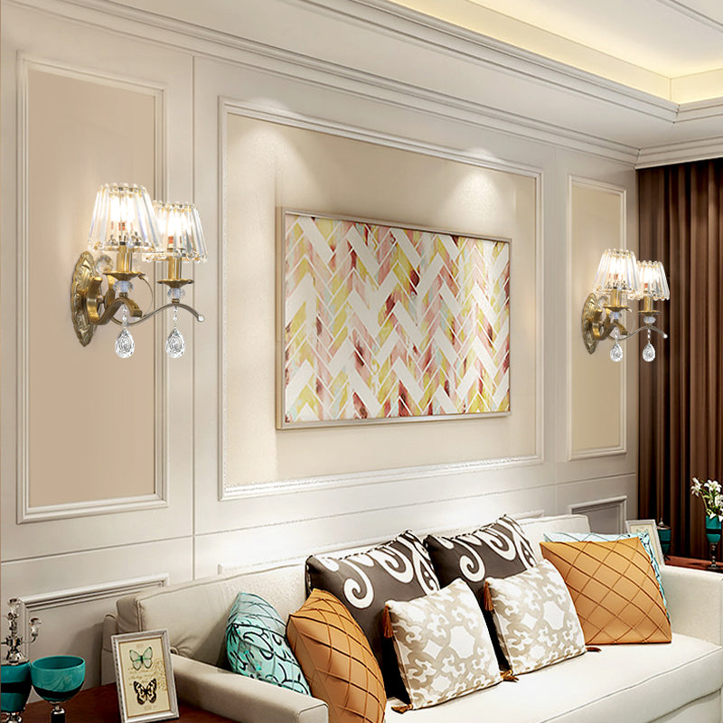 Gold Metallic Wall Lamp Vintage Style Conical 1/2-Light Sconce Lighting with Teardrop Crystal Decoration 2.0 Gold Clearhalo 'Modern wall lights' 'Modern' 'Wall Lamps & Sconces' 'Wall Lights' Lighting' 153011