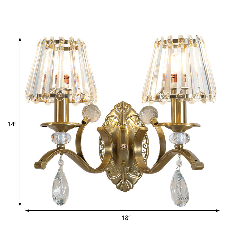 Gold Metallic Wall Lamp Vintage Style Conical 1/2-Light Sconce Lighting with Teardrop Crystal Decoration Clearhalo 'Modern wall lights' 'Modern' 'Wall Lamps & Sconces' 'Wall Lights' Lighting' 153014