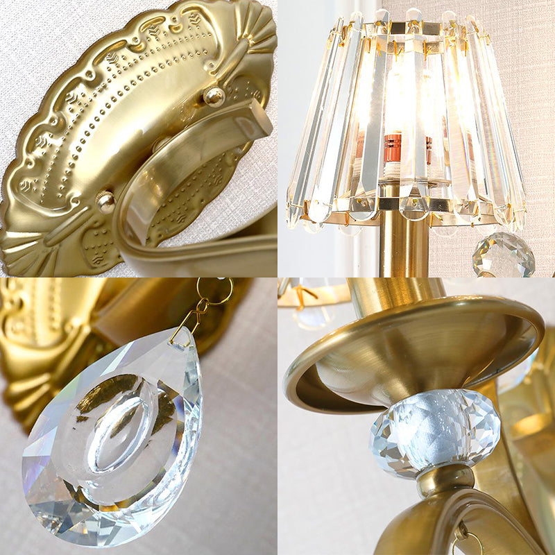 Gold Metallic Wall Lamp Vintage Style Conical 1/2-Light Sconce Lighting with Teardrop Crystal Decoration Clearhalo 'Modern wall lights' 'Modern' 'Wall Lamps & Sconces' 'Wall Lights' Lighting' 153015