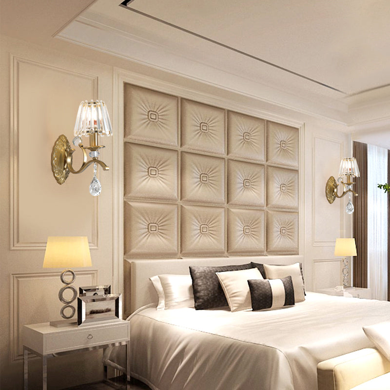 Gold Metallic Wall Lamp Vintage Style Conical 1/2-Light Sconce Lighting with Teardrop Crystal Decoration Clearhalo 'Modern wall lights' 'Modern' 'Wall Lamps & Sconces' 'Wall Lights' Lighting' 153017