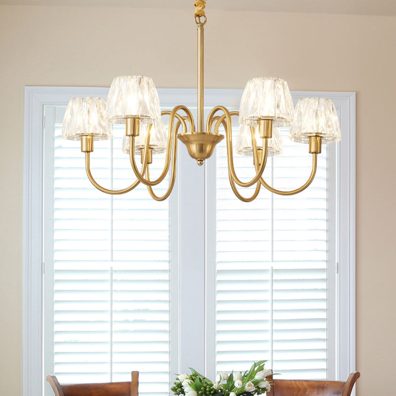 Brushed Brass Cone Hanging Ceiling Light Modern Crystal 3/6/8 Lights Suspension Light with Curved Arm 6 Brushed Brass Clearhalo 'Ceiling Lights' 'Chandeliers' 'Modern Chandeliers' 'Modern' Lighting' 153144