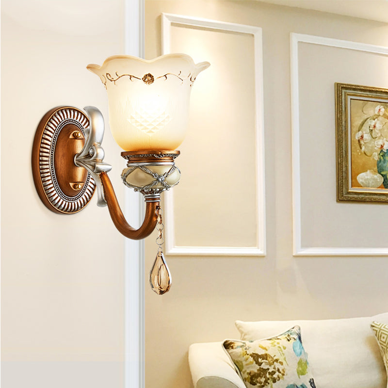 Lodge Style Flower Wall Lamp Frosted Glass 1/2-Bulb Sconce Lighting with Teardrop Crystal Deco and Metal Arm in Gold 1.0 Gold Clearhalo 'Wall Lamps & Sconces' 'Wall Lights' Lighting' 153199