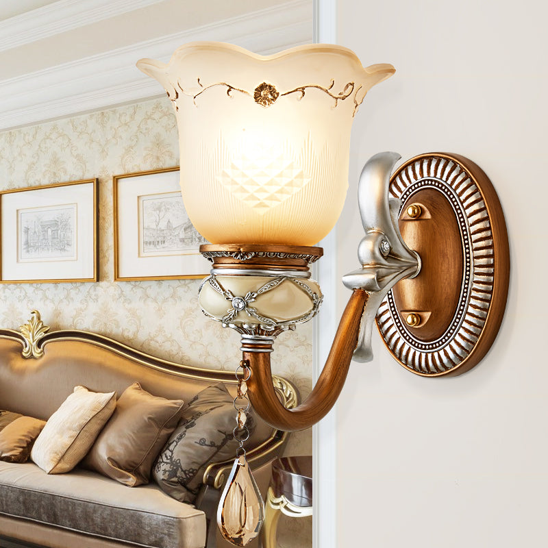Lodge Style Flower Wall Lamp Frosted Glass 1/2-Bulb Sconce Lighting with Teardrop Crystal Deco and Metal Arm in Gold Clearhalo 'Wall Lamps & Sconces' 'Wall Lights' Lighting' 153200