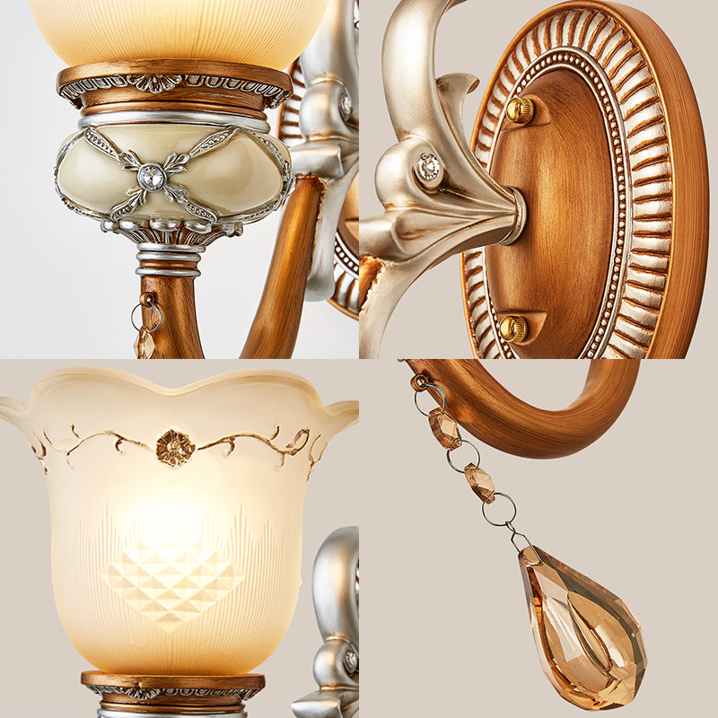 Lodge Style Flower Wall Lamp Frosted Glass 1/2-Bulb Sconce Lighting with Teardrop Crystal Deco and Metal Arm in Gold Clearhalo 'Wall Lamps & Sconces' 'Wall Lights' Lighting' 153203