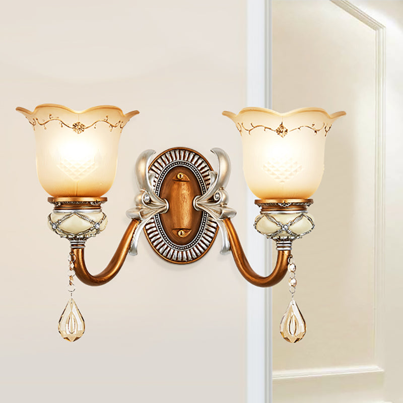 Lodge Style Flower Wall Lamp Frosted Glass 1/2-Bulb Sconce Lighting with Teardrop Crystal Deco and Metal Arm in Gold 2.0 Gold Clearhalo 'Wall Lamps & Sconces' 'Wall Lights' Lighting' 153204