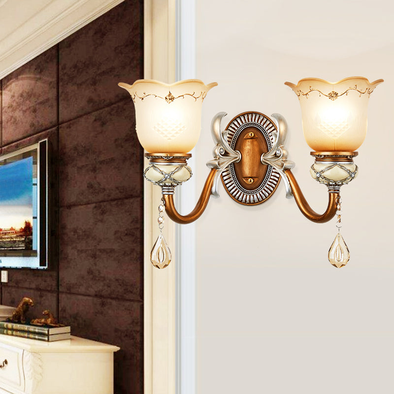 Lodge Style Flower Wall Lamp Frosted Glass 1/2-Bulb Sconce Lighting with Teardrop Crystal Deco and Metal Arm in Gold Clearhalo 'Wall Lamps & Sconces' 'Wall Lights' Lighting' 153205