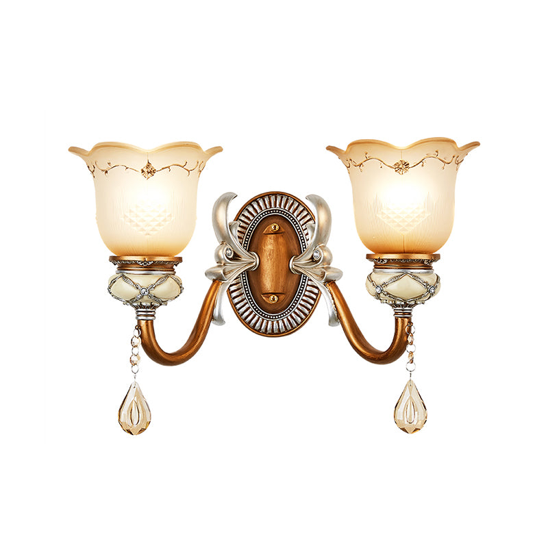 Lodge Style Flower Wall Lamp Frosted Glass 1/2-Bulb Sconce Lighting with Teardrop Crystal Deco and Metal Arm in Gold Clearhalo 'Wall Lamps & Sconces' 'Wall Lights' Lighting' 153206