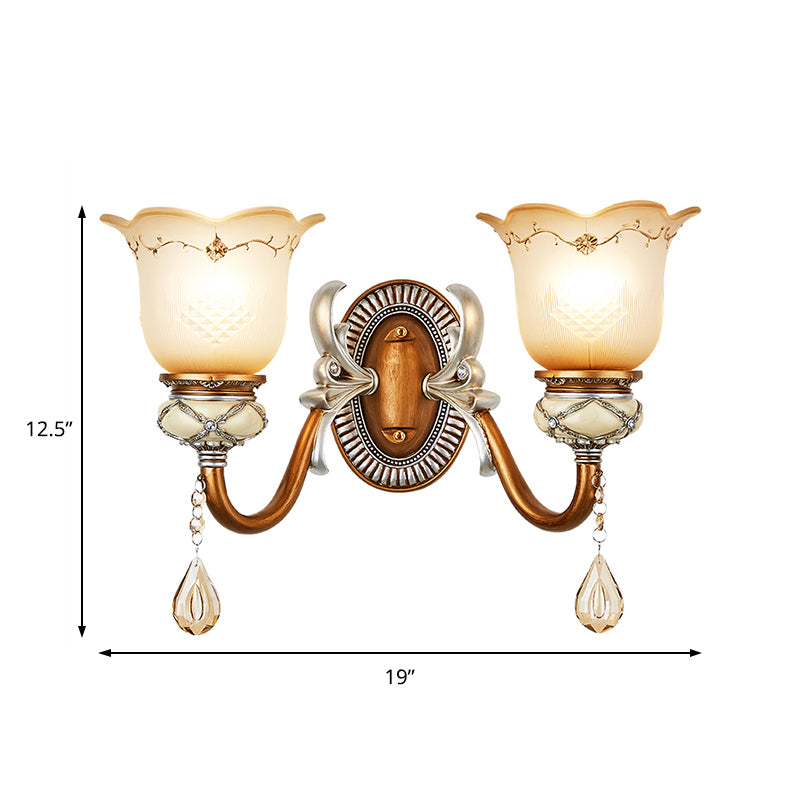 Lodge Style Flower Wall Lamp Frosted Glass 1/2-Bulb Sconce Lighting with Teardrop Crystal Deco and Metal Arm in Gold Clearhalo 'Wall Lamps & Sconces' 'Wall Lights' Lighting' 153207