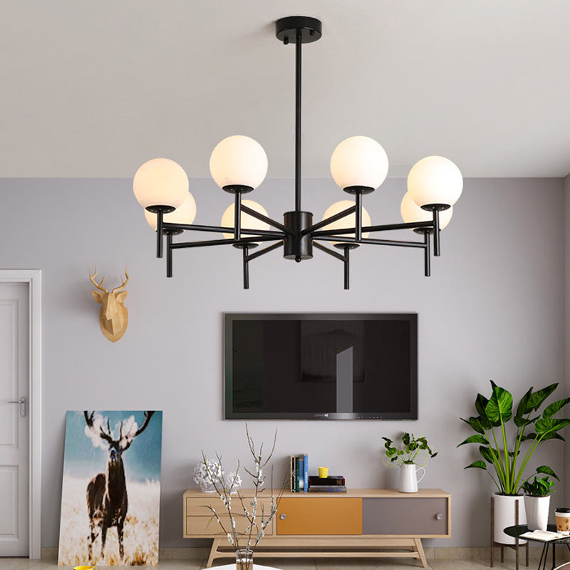 Black/Gold Globe Chandelier Lighting with Radial Design Contemporary 6/8/9 Lights Milk Glass Chandelier Hanging Lamp 8 Black Clearhalo 'Ceiling Lights' 'Chandeliers' 'Glass shade' 'Glass' 'Modern Chandeliers' 'Modern' Lighting' 153233