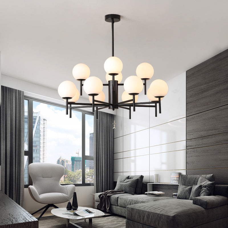 Black/Gold Globe Chandelier Lighting with Radial Design Contemporary 6/8/9 Lights Milk Glass Chandelier Hanging Lamp 12 Black Clearhalo 'Ceiling Lights' 'Chandeliers' 'Glass shade' 'Glass' 'Modern Chandeliers' 'Modern' Lighting' 153241
