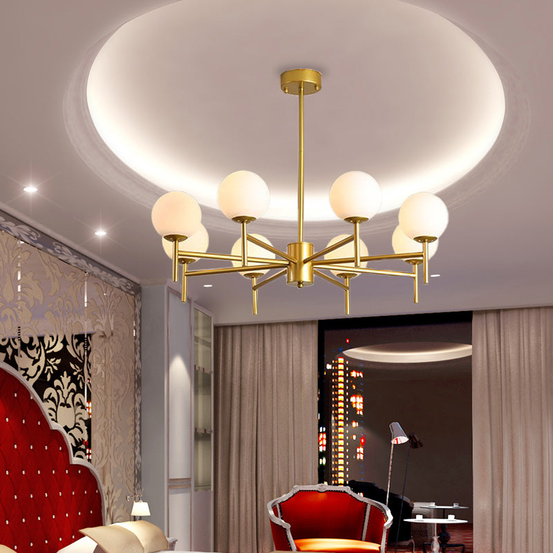 Black/Gold Globe Chandelier Lighting with Radial Design Contemporary 6/8/9 Lights Milk Glass Chandelier Hanging Lamp 8 Gold Clearhalo 'Ceiling Lights' 'Chandeliers' 'Glass shade' 'Glass' 'Modern Chandeliers' 'Modern' Lighting' 153248
