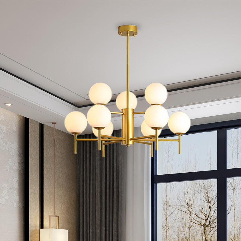 Black/Gold Globe Chandelier Lighting with Radial Design Contemporary 6/8/9 Lights Milk Glass Chandelier Hanging Lamp 9 Gold Clearhalo 'Ceiling Lights' 'Chandeliers' 'Glass shade' 'Glass' 'Modern Chandeliers' 'Modern' Lighting' 153251
