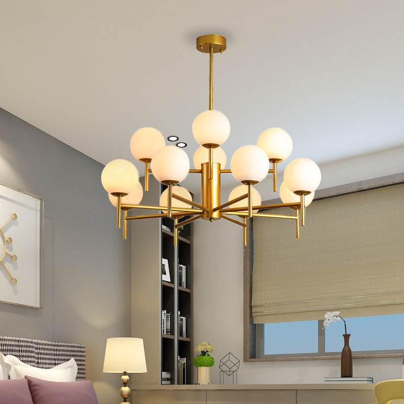 Black/Gold Globe Chandelier Lighting with Radial Design Contemporary 6/8/9 Lights Milk Glass Chandelier Hanging Lamp Clearhalo 'Ceiling Lights' 'Chandeliers' 'Glass shade' 'Glass' 'Modern Chandeliers' 'Modern' Lighting' 153254