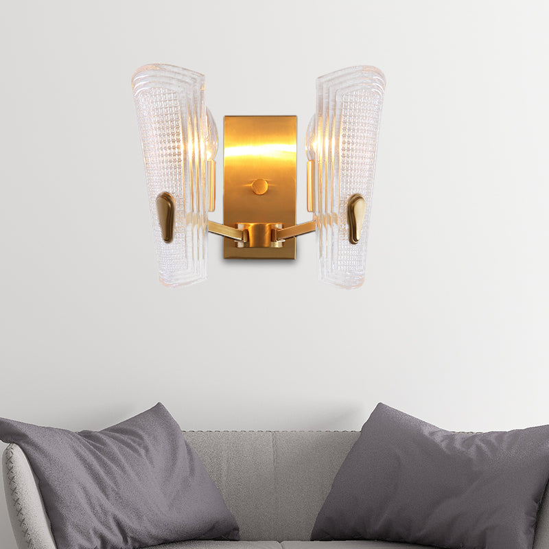 Rectangle Backplate Metal Wall Lamp Modern Gold 1/2-Head Sconce Light Fixture with Clear Prismatic Glass Shade - 2.0 - Gold - Clearhalo - 'Modern wall lights' - 'Modern' - 'Wall Lamps & Sconces' - 'Wall Lights' - Lighting' - 153305