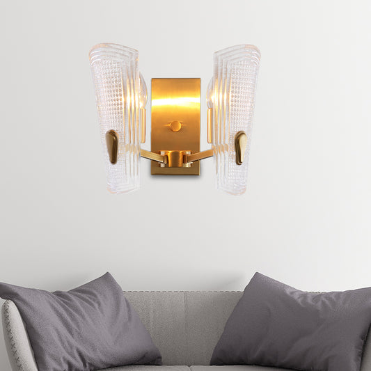 Rectangle Backplate Metal Wall Lamp Modern Gold 1/2-Head Sconce Light Fixture with Clear Prismatic Glass Shade 2.0 Gold Clearhalo 'Modern wall lights' 'Modern' 'Wall Lamps & Sconces' 'Wall Lights' Lighting' 153305