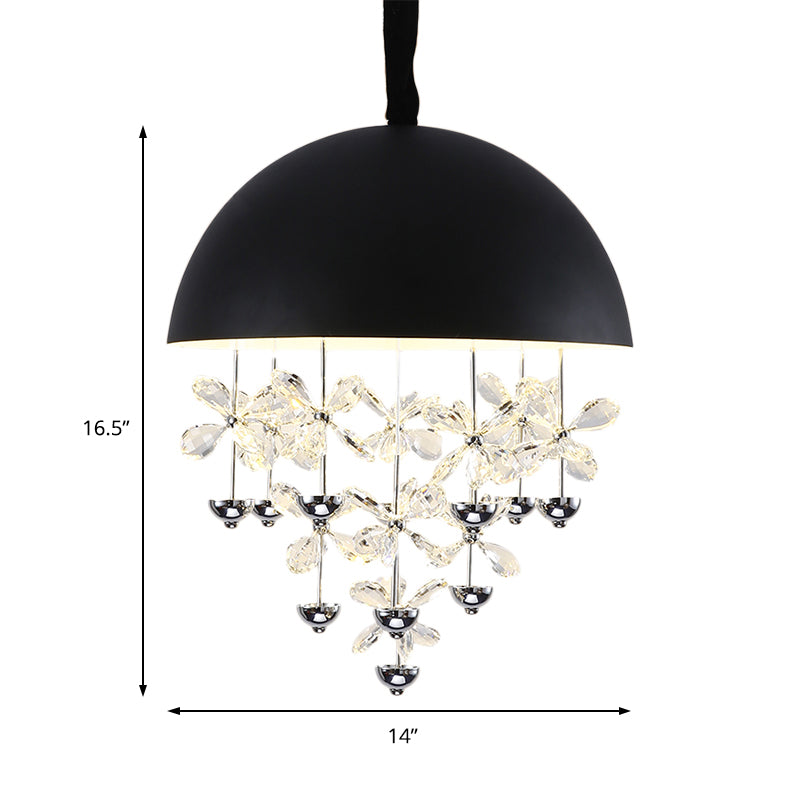 6/10 Lights Domed Pendant Light Modern Metal Hanging Ceiling Light with Crystal Flower Deco in Black/White Clearhalo 'Ceiling Lights' 'Chandeliers' 'Modern Chandeliers' 'Modern' Lighting' 153357