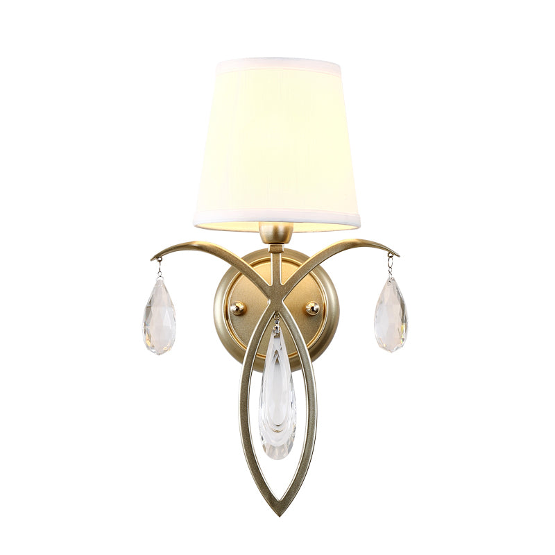 1 Light Conic Wall Lamp Modern Stylish Fabric Sconce Light with Teardrop Crystal Deco in Brass for Bedroom Clearhalo 'Modern wall lights' 'Modern' 'Wall Lamps & Sconces' 'Wall Lights' Lighting' 153398