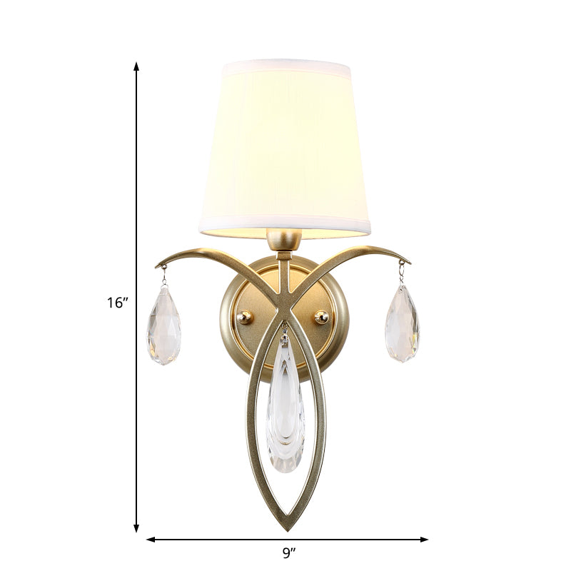 1 Light Conic Wall Lamp Modern Stylish Fabric Sconce Light with Teardrop Crystal Deco in Brass for Bedroom Clearhalo 'Modern wall lights' 'Modern' 'Wall Lamps & Sconces' 'Wall Lights' Lighting' 153399
