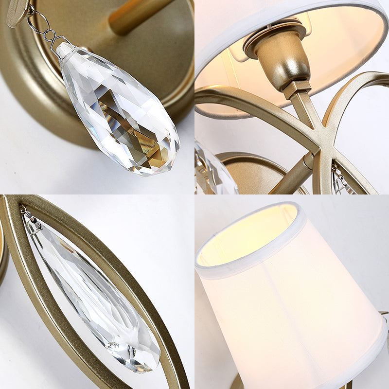 1 Light Conic Wall Lamp Modern Stylish Fabric Sconce Light with Teardrop Crystal Deco in Brass for Bedroom Clearhalo 'Modern wall lights' 'Modern' 'Wall Lamps & Sconces' 'Wall Lights' Lighting' 153400