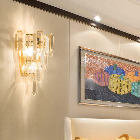 Clear Crystal Layered Wall Lamp Contemporary 3 Lights Wall Mounted Light in Gold for Bedroom Gold Clearhalo 'Modern wall lights' 'Modern' 'Wall Lamps & Sconces' 'Wall Lights' Lighting' 153432