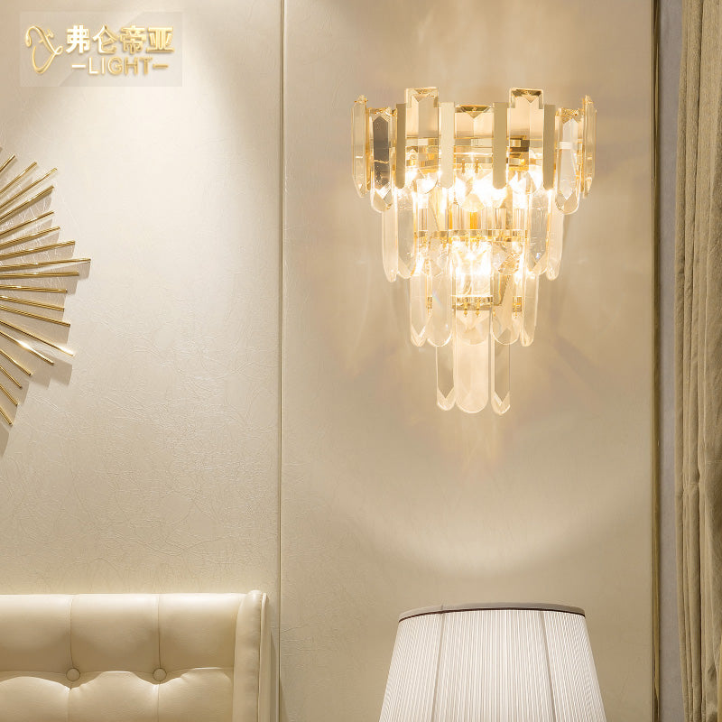 Clear Crystal Layered Wall Lamp Contemporary 3 Lights Wall Mounted Light in Gold for Bedroom Clearhalo 'Modern wall lights' 'Modern' 'Wall Lamps & Sconces' 'Wall Lights' Lighting' 153433