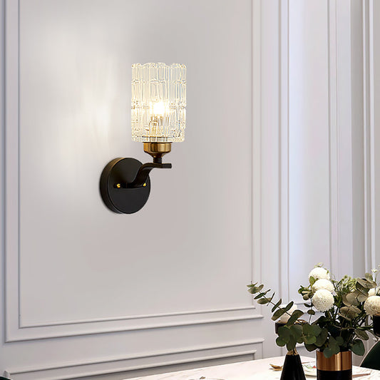 Clear Crystal Cylinder Wall Light Sconce Contemporary 1 Light Sconce Lamp with Metal Curved Arm in Black Clearhalo 'Cast Iron' 'Glass' 'Industrial' 'Modern wall lights' 'Modern' 'Tiffany' 'Traditional wall lights' 'Wall Lamps & Sconces' 'Wall Lights' Lighting' 153452