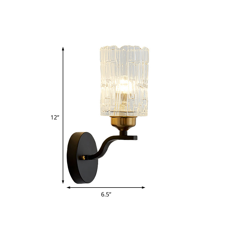 Clear Crystal Cylinder Wall Light Sconce Contemporary 1 Light Sconce Lamp with Metal Curved Arm in Black Clearhalo 'Cast Iron' 'Glass' 'Industrial' 'Modern wall lights' 'Modern' 'Tiffany' 'Traditional wall lights' 'Wall Lamps & Sconces' 'Wall Lights' Lighting' 153454