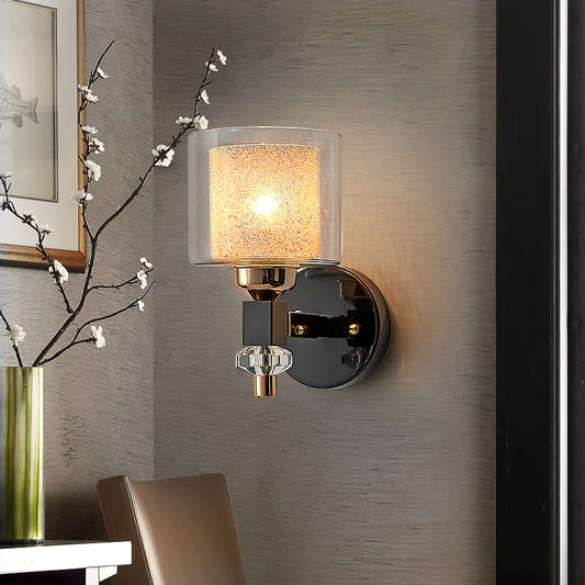 Contemporary Cylindrical Wall Mount Light Metal and Glass 1 Light Sconce Lamp in Black for Hallway Clearhalo 'Modern wall lights' 'Modern' 'Wall Lamps & Sconces' 'Wall Lights' Lighting' 153479