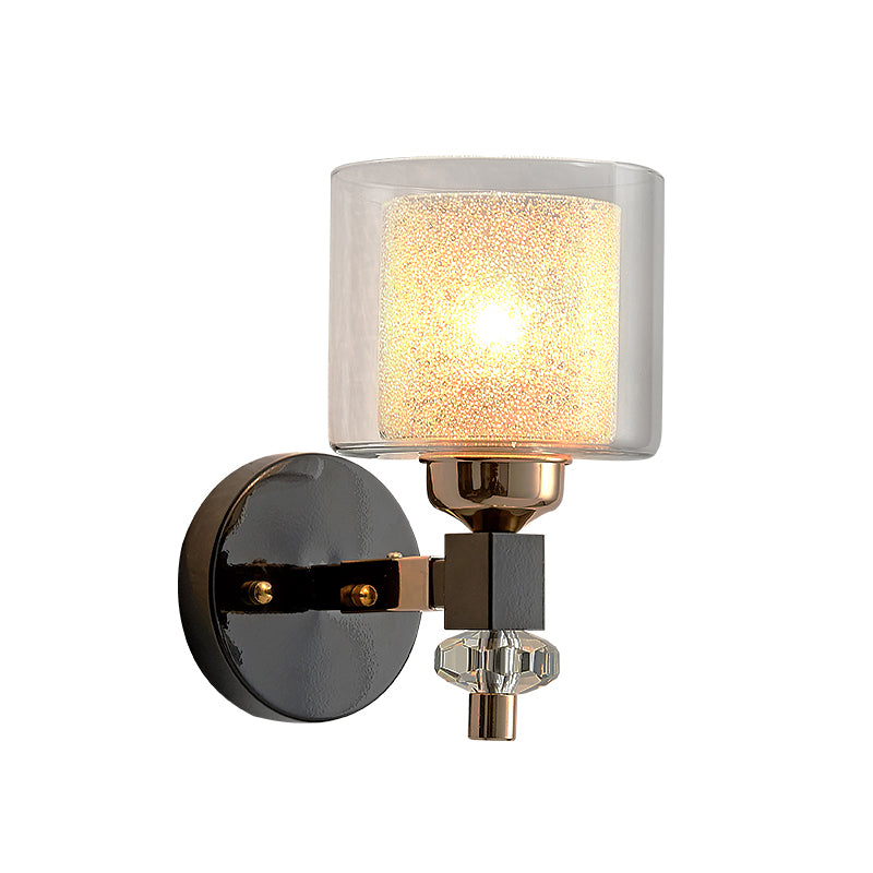 Contemporary Cylindrical Wall Mount Light Metal and Glass 1 Light Sconce Lamp in Black for Hallway